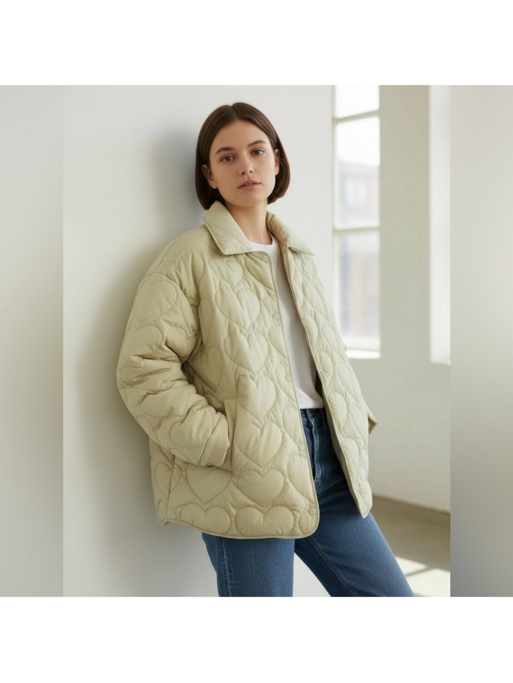 SANDRO Gloriana Heart Quilted Jacket in Light Sage Size M